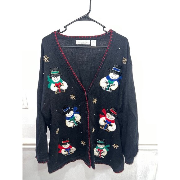 Victoria Jones woman sweater plus size 1X button down christmas snowman - Picture 1 of 6